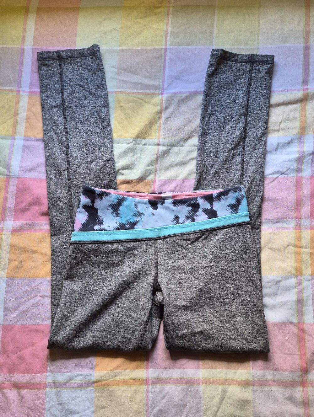 Ivivva Gray Leggings with Blue and Pink Patterned Waistband